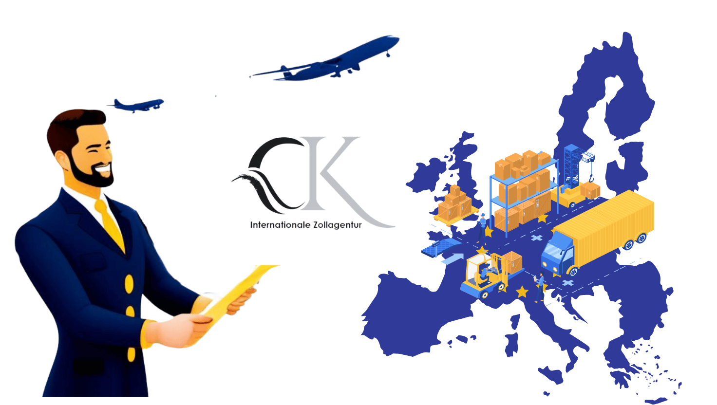 Mann mit Dokument, EU-Karte, Flugzeuge und LKW-Symbole für Ausfuhrbegleitdokument